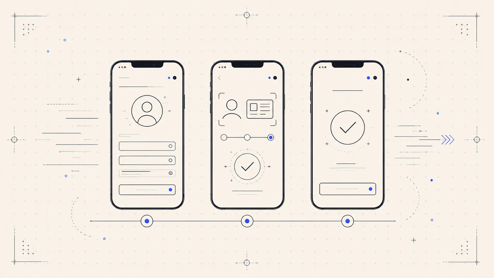 Editorial illustration of a streamlined fintech account-opening flow on mobile screens.