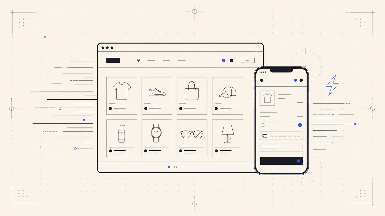 Editorial illustration of a fast headless-commerce storefront shown on desktop and mobile.