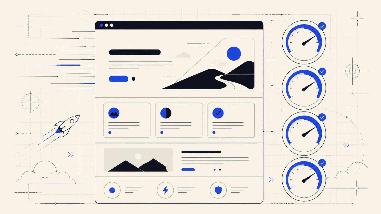 Editorial illustration of a fast SaaS marketing website with perfect performance scores.